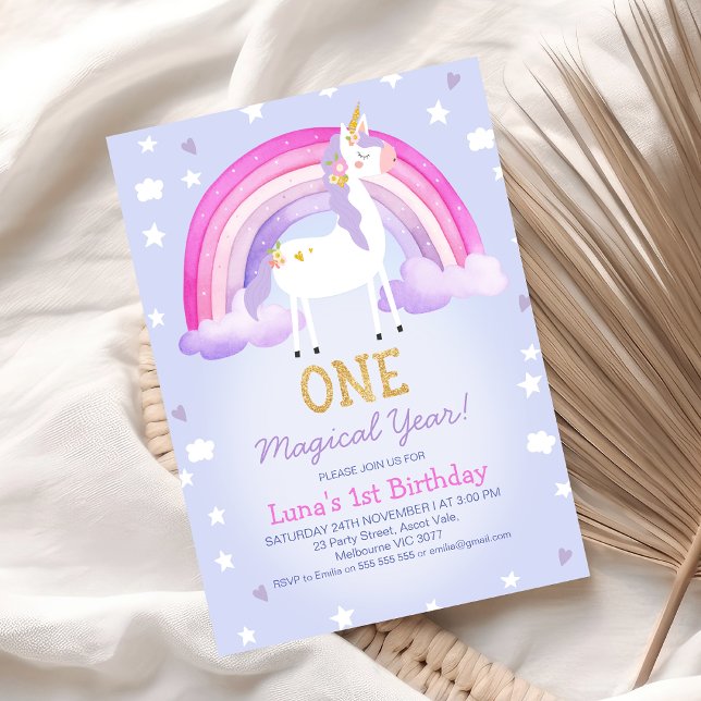 Invitation Purple rose année magique Unicorn 1er anniversaire (Purple One Magical Year Unicorn 1st Birthday Invitation Template, Unicorn Themed First Birthday)