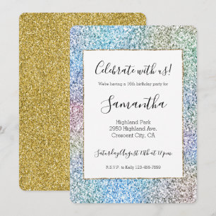 Invitation Purple rose Aqua Blue Gold Unicorn Parties scintil
