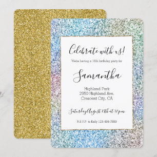 Invitation Purple rose Aqua Blue Gold Unicorn Parties scintil