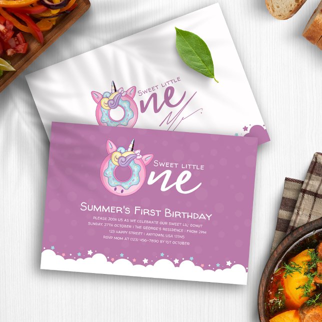 Invitation Purple Rose Baby Girl Sweet Un 1er Anniversaire Do (Purple Pink Baby Girl Sweet One 1st Birthday Donut Invitation)