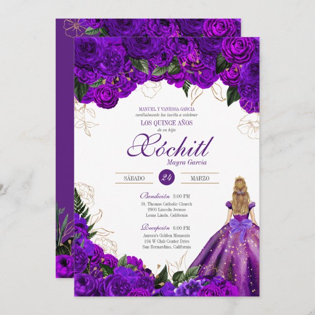 Invitation Purple Rose Élégant Floral 15e Anniversaire provin (Devant / Derrière)