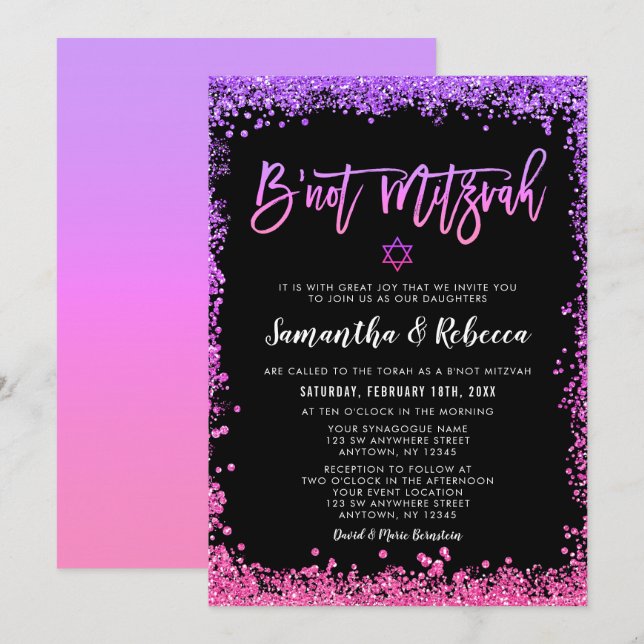 Invitation Purple rose Faux Parties scintillant B'not Mitzvah (Devant / Derrière)