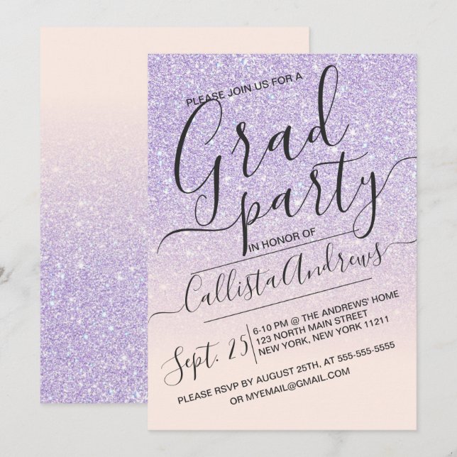 Invitation Purple rose Faux Parties scintillant brillante Omb (Devant / Derrière)