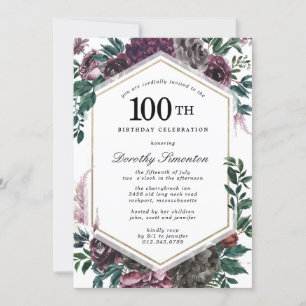 Invitation Purple Rose Floral 100e anniversaire de fête Invit