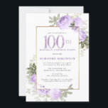 Invitation Purple Rose Floral 100e anniversaire Surprise Part<br><div class="desc">Faites honneur à une femme spéciale avec cette invitation élégante et féminine 100e anniversaire. Le 100ème est écrit en gros texte violet. Anniversaire Surprise Party suit. Le nom de l'invité honoré est également en lettres majuscules violettes. Le reste du texte est doucement gris colombe. Les détails de la célébration du...</div>