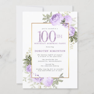 Invitation Purple Rose Floral 100e anniversaire Surprise Part