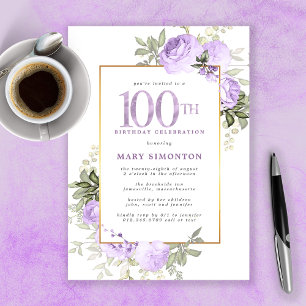 Invitation Purple Rose Floral 100e fête d'anniversaire