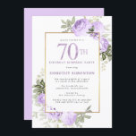 Invitation Purple Rose Floral 70e anniversaire de fête Invita<br><div class="desc">Honorer une femme spéciale avec cette invitation élégante et féminine 70e anniversaire de fête. 70ème est écrit en gros texte violet. Célébration de la fête Surprise Anniversaire. Le nom de l'invité honoré est également en lettres majuscules violettes. Le reste du texte est doucement gris colombe. Les détails de la célébration...</div>