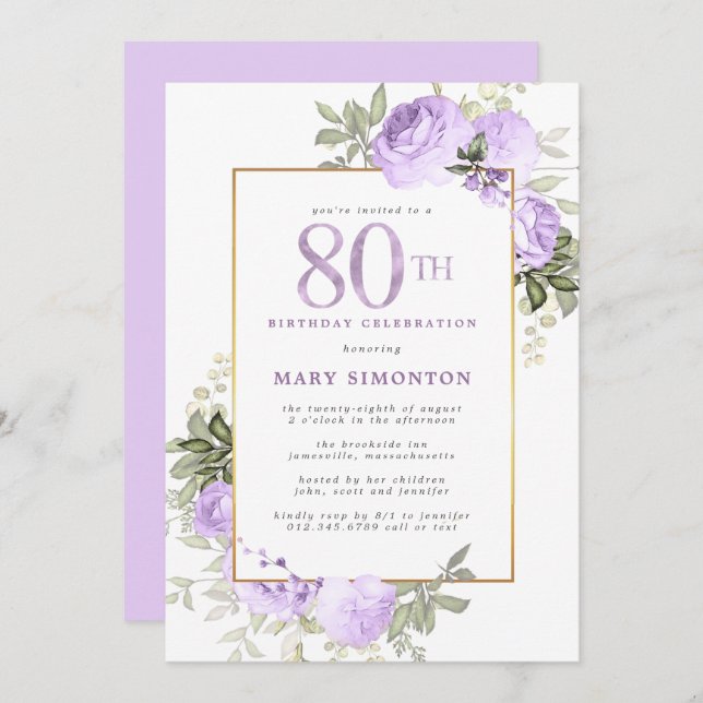 Invitation Purple Rose Floral 80e Anniversaire Fête Invita (Devant / Derrière)