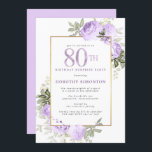 Invitation Purple Rose Floral 80e anniversaire Surprise Party<br><div class="desc">Honorer une femme spéciale avec cette invitation élégante et féminine à la fête du 80e anniversaire. La 80ème est écrite en gros texte violet. Anniversaire Surprise Party suit. Le nom de l'invité honoré est également en lettres majuscules violettes. Le reste du texte est doucement gris colombe. Les détails de la...</div>