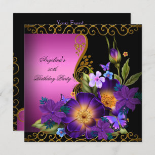 Invitation Purple rose Floral Black Gold fête d'anniversaire