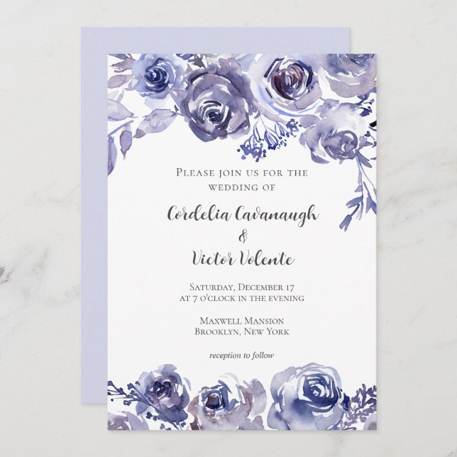 Invitation Purple Rose Floral Elégant Soirée d'hiver Mariage (Devant / Derrière)