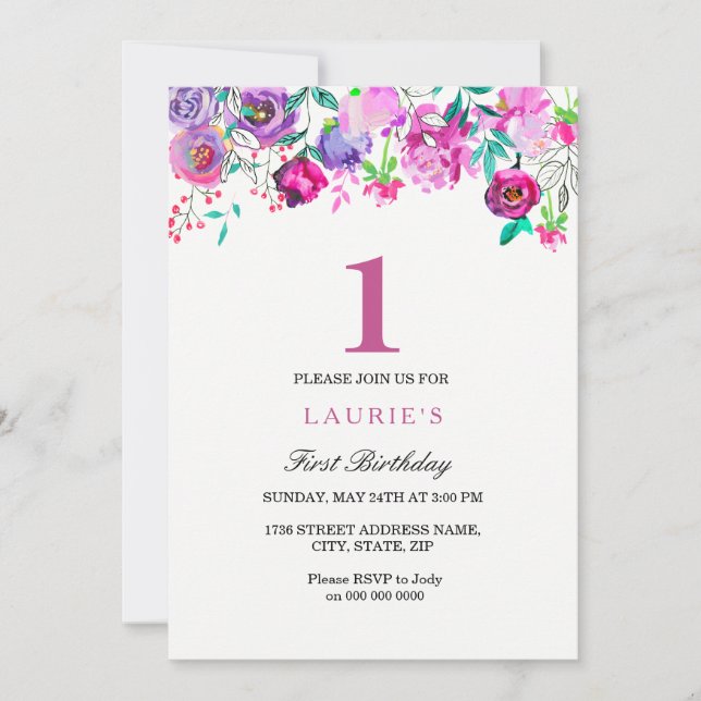 Invitation Purple Rose Floral Girl 1er anniversaire Invitatio (Devant)