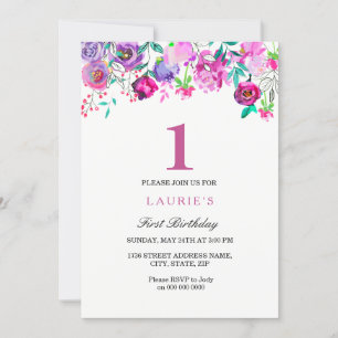 Invitation Purple Rose Floral Girl 1er anniversaire Invitatio