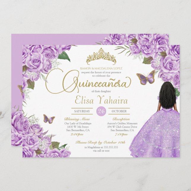 Invitation Purple Rose Floral Gold Tiara Butterfly Quince (Devant / Derrière)