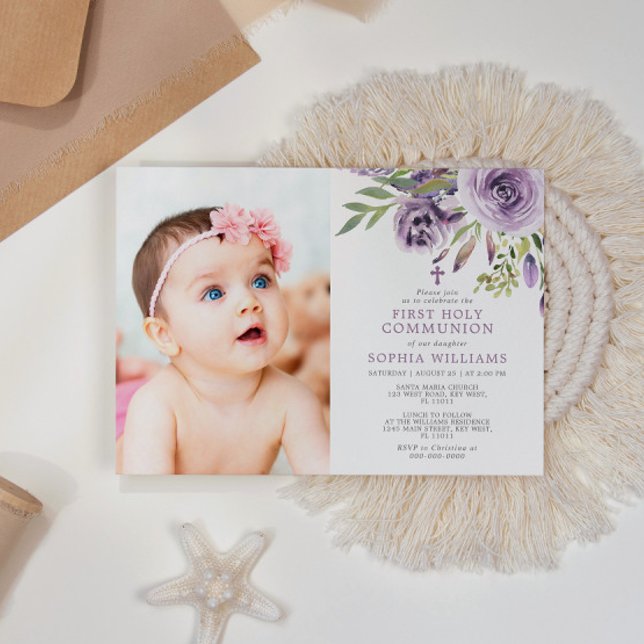 Invitation Purple Rose Floral Photo Girl première sainte comm (Créateur téléchargé)