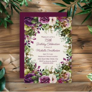 Invitation Purple rose Floral Vert Feuilles 75e anniversaire