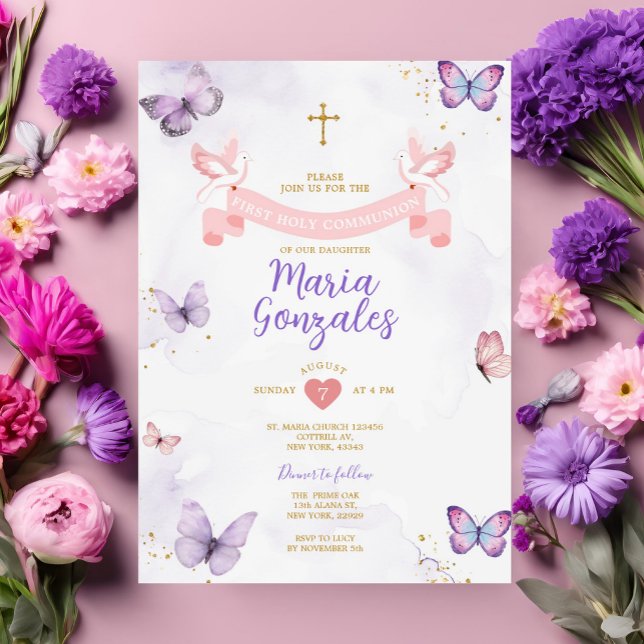 Invitation Purple & Rose Girl First Holy Communion Butterfly (Créateur téléchargé)