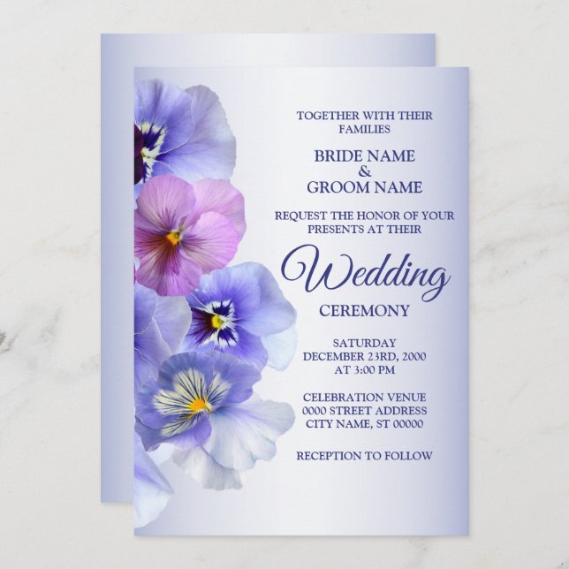 Invitation Purple rose Lilac Pansy Floral Rustic Mariage (Devant / Derrière)