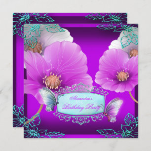 Invitation Purple rose papillon Turquoise fête d'anniversaire