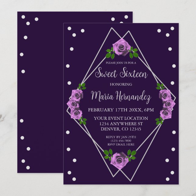 Invitation Purple Rose Silver Géométrique Sweet 16 (Devant / Derrière)