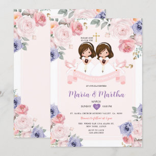 Invitation Purple & Rose TWIN Girl 1ère Sainte Communion Flor