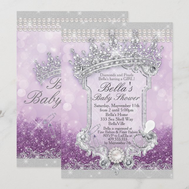 Invitation Purple Royal Bling Parties scintillant Bébé Douche (Devant / Derrière)