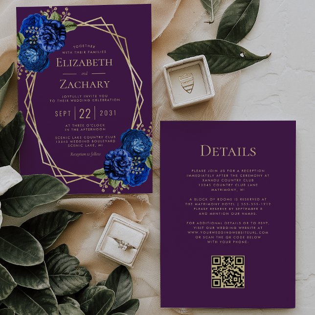 Invitation Purple Royal Blue Floral Gold Geo QR Code Mariage (Créateur téléchargé)