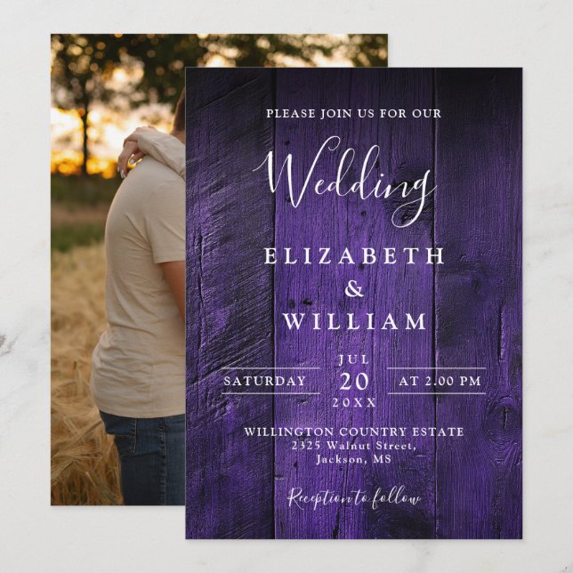 Invitation Purple Rustic Boho Grange Mariage photo (Devant / Derrière)