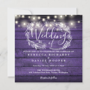 Invitation Purple Rustic Bois Chaîne Lumières Mariage photo