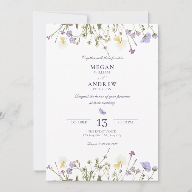 Invitation Purple Rustic Wildflowers wedding (Devant)