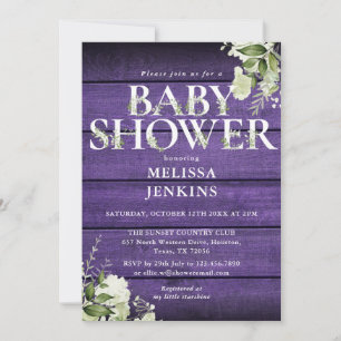 Invitation Purple Rustique Bois vert Baby shower Floral