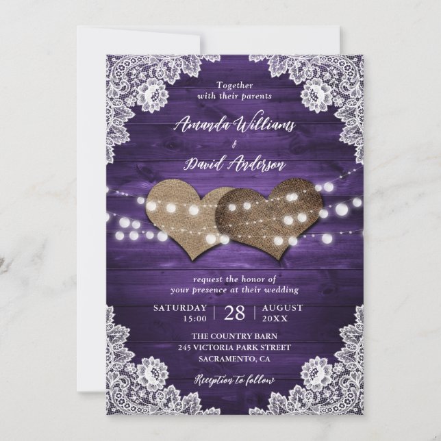 Invitation Purple Rustique Burlap Lights Mariage (Devant)