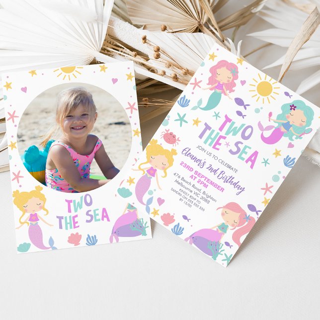 Invitation Purple Sage Photo Mermaid Two The Sea 2e anniversa (Two the Sea Mermaids 2nd birthday invitation, Mermaids Sea, Ocean Girls 2nd Birthday Invitation,  )
