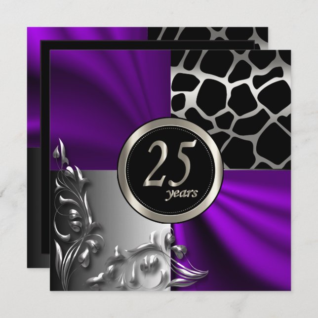 Invitation Purple Satin & Argent 25 ans fête (Devant / Derrière)