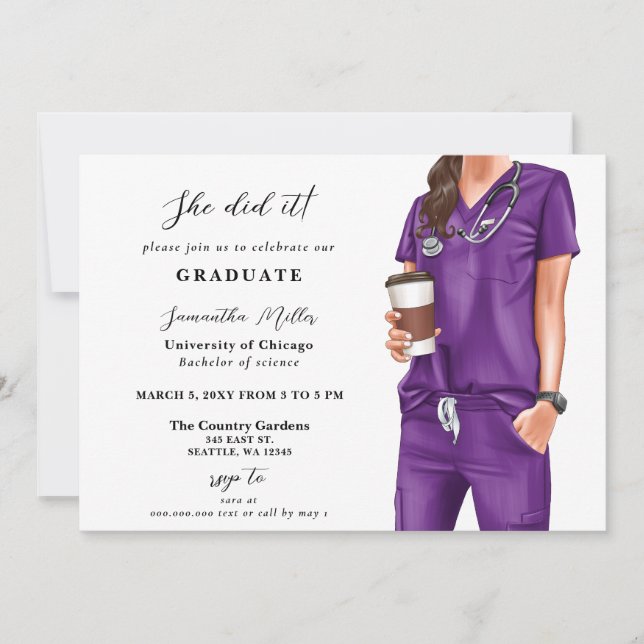 Invitation Purple Scrubs Nurse Photo Elle L'A Fait Graduation (Devant)
