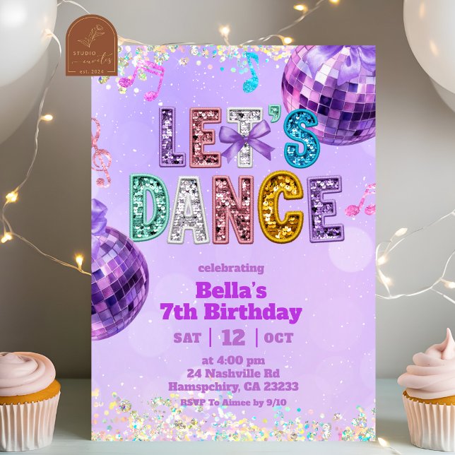 Invitation Purple Sequin Glitter Let's Dance Birthday (Créateur téléchargé)