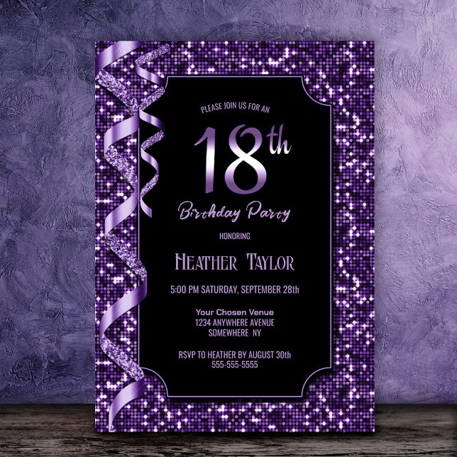Invitation Purple Sequins 18e fête d'anniversaire (Créateur téléchargé)