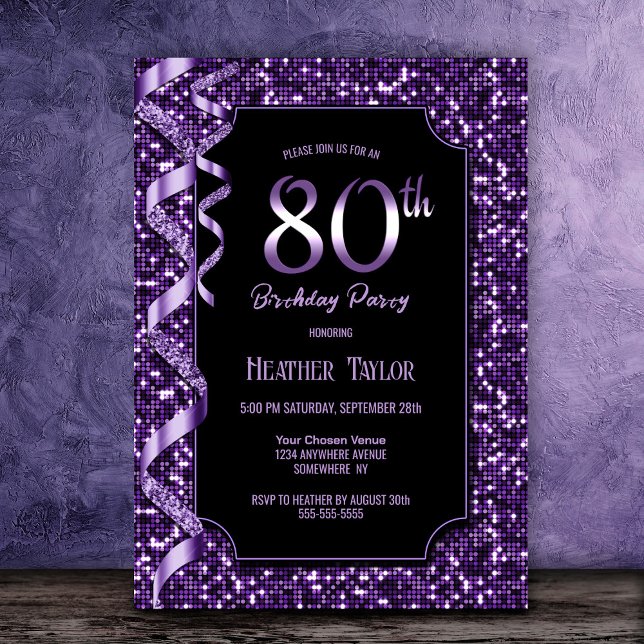 Invitation Purple Sequins 80e fête d'anniversaire (Créateur téléchargé)