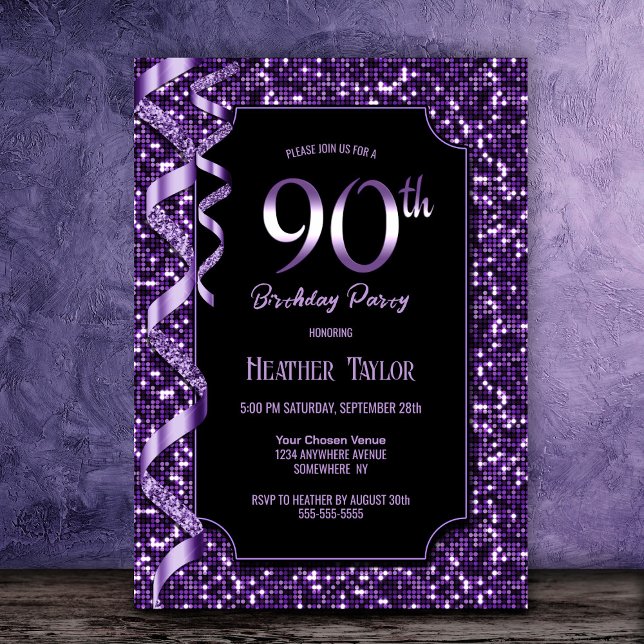 Invitation Purple Sequins 90e fête d'anniversaire (Créateur téléchargé)