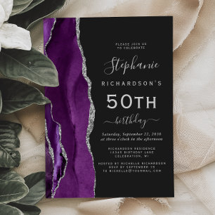 Invitation Purple Silver Agate Dark 50th Birthday Party
