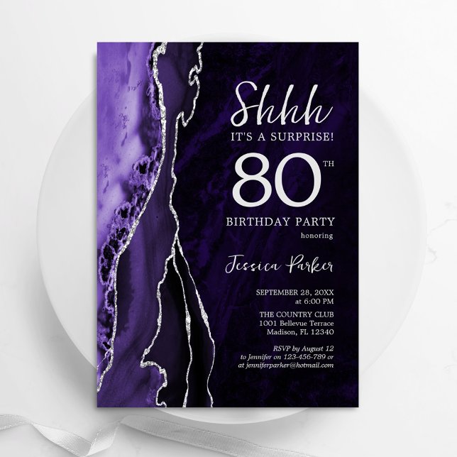 Invitation Purple Silver Agate Surprise 80e anniversaire (Créateur téléchargé)