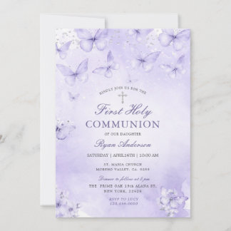 Invitation Purple Silver Butterfly First Holy Communion