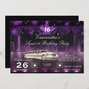 Invitation Purple & Silver City Lumières Limo fête d'annivers