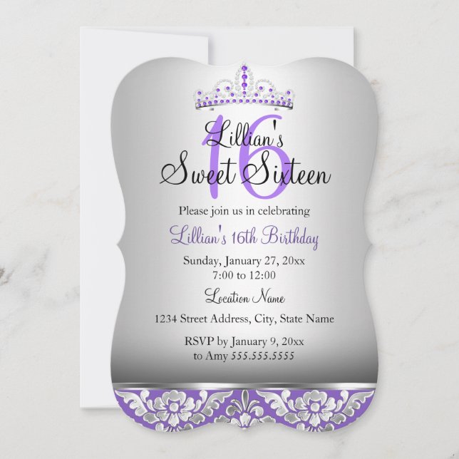 Invitation Purple Silver Damask & Diadème pour Swe (Devant)
