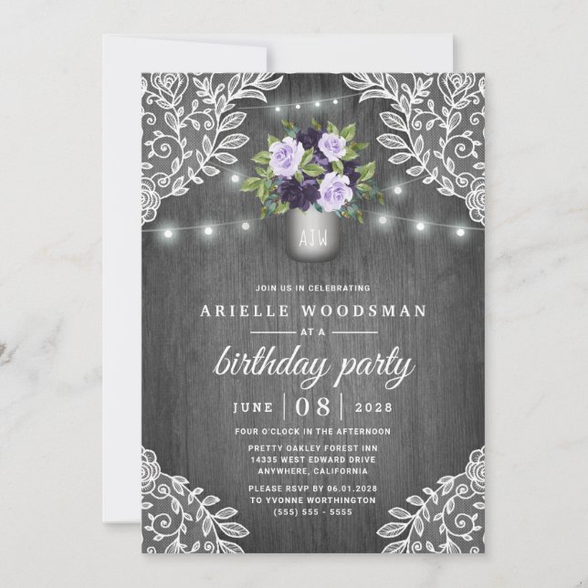 Invitation Purple Silver Grey Floral Russe fête d'anniversair (Devant)