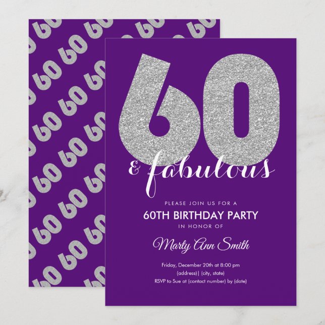 Invitation Purple Silver Parties scintillant 60 & Fabuleux fê (Devant / Derrière)
