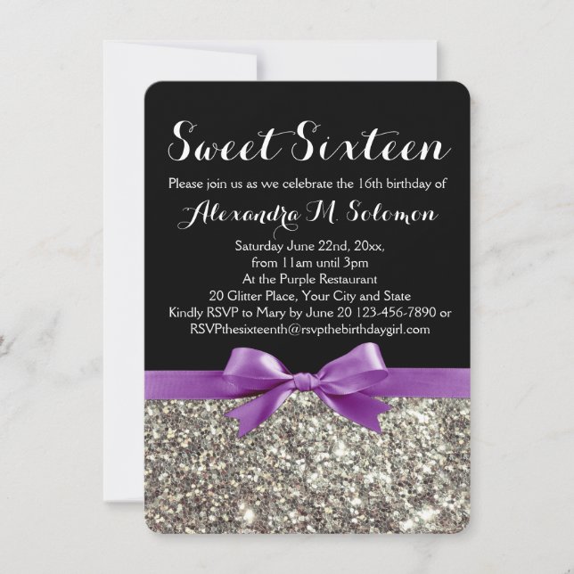 Invitation Purple Silver Parties scintillant Sweet 16 Party I (Devant)