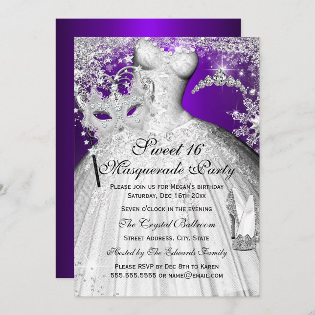Invitation Purple Silver Princess Masquerade Sweet 16 (Devant / Derrière)