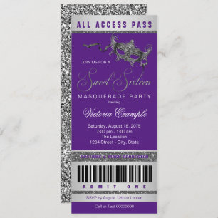 Invitation Purple Silver Sweet 16 Masquerade Party Ticket